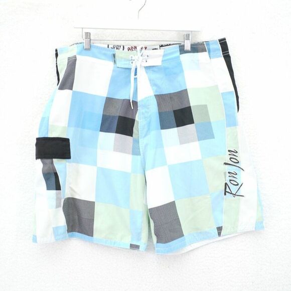 Ron Jon Cargo Pocket White Black Teal Green Patchwork Swim Trunks 38 / 9 High Ri - Picture 1 of 8